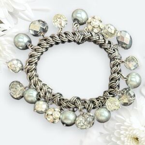 Vintage Rare Charm Bracelet Silver Gray Gunmetal Pearlescent Bauble Crystal Bead